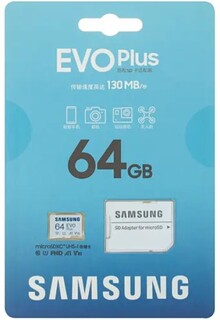 Карта памяти MicroSDXC 64GB Samsung EVO Plus Class 10, UHS-I, W 90 МБ/с, R 130 МБ/с, адаптер на SD