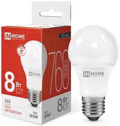 Лампа светодиодная IN HOME 4690612024028 LED-A60-VC 8Вт грушевидная 4000К нейтральный, белый E27 760лм