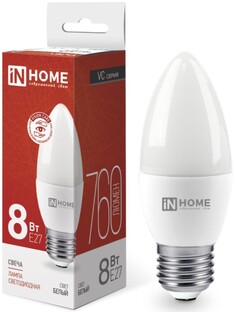 Лампа светодиодная IN HOME 4690612020457 LED-СВЕЧА-VC 8Вт свеча 4000К нейтральный, белый E27 760лм