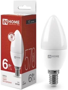 Лампа светодиодная IN HOME 4690612020396 LED-СВЕЧА-VC 6Вт свеча 4000К нейтральный, белый E14 570лм