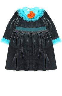 Платье с завышенной талией и контрастными оборками с брошью Gucci