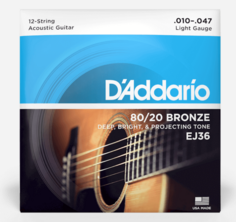 D&#039;ADDARIO EJ36 BRONZE 12-STRING ACOUSTIC GUITAR STRINGS, LIGHT, 10-47 струны для 12-струнной акустической гитары, сталь/бронза D'addario