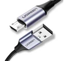 Кабель UGREEN US290 60148 USB 2.0 A/Micro USB, Nickel Plating Alu Braid, 2м, grey/black