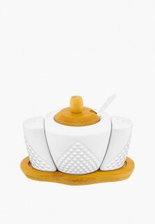 Набор для сервировки специй Elan Gallery сахарница 300 мл 16х10х11 см Ромбики с ложкой, с солонкой и перечницей на деревянной подставке