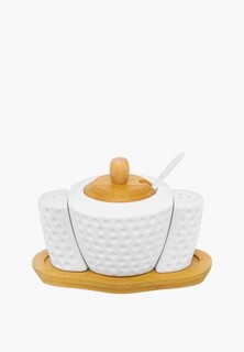 Набор для сервировки специй Elan Gallery сахарница 300 мл 16х10х11 см Сфера с ложкой, с солонкой и перечницей на деревянной подставке