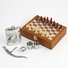 Набор 6 в 1: фляжка 8 oz, воронка, штопор, 2 стопки, шахматы NO Brand