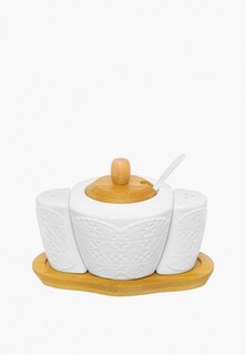 Набор для сервировки специй Elan Gallery сахарница 300 мл 16х10х11 см Кружево с ложкой, с солонкой и перечницей на деревянной подставке