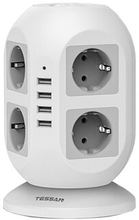 Сетевой фильтр TESSAN JW402 Grey 8 евророзеток 220В и 4 USB с 2 кн. питания, 2500 Вт, до 10А, кабель 2м, защита от перегрузки (80001850)