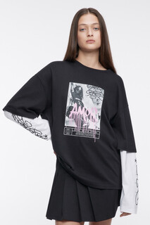 джемпер женский Лонгслив oversize хлопковый с двойными рукавами и принтом Befree