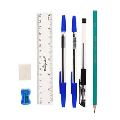 Набор канцелярский (2 синих ручки, черная гелевая, ластик,точилка,линейка, карандаш ч/г) NO Brand