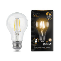 Лампа Gauss LED Filament A60 E27 6W 600lm 2700К 1/10/40