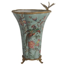 Ваза Glasar мятного цвета со стрекозой и цветочно-птичьим принтом, 23x21x32 см ГЛАСАР