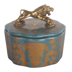 Шкатулка Glasar синяя с бронзовым львом и узором 12x12x10 см ГЛАСАР