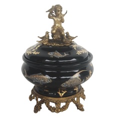 Шкатулка Glasar черная с бронзовым ангелом и нарисованными рыбами на бронзовых ножках 17x17x24 см ГЛАСАР