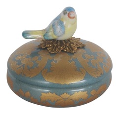 Шкатулка Glasar синяя с голубой птичкой и золотым узором, 11x11x10 см ГЛАСАР