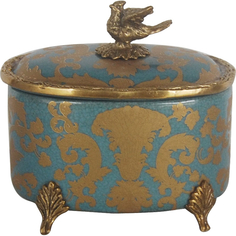 Шкатулка Glasar синяя с бронзовой птичкой на крышке и на ножках, 13х10х12 см ГЛАСАР