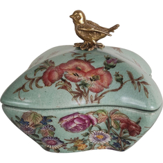 Шкатулка Glasar голубая с бронзовой птичкой и цветочным узором, 15x15x13 см ГЛАСАР