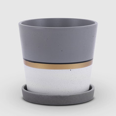 Бетонный горшок с поддоном Композит Лувр серый с белым и золотым 15 см
