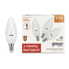 Лампа Gauss Basic Свеча 5,5W E14 3000K (3 лампы в упаковке) 525lm 1/40