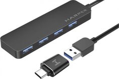 Концентратор Harper HUB-04M Black 4*USB 3.2, Micro USB, переходник: USB 3.0/Type-C, до 5 Гб/с, алюмини/индикатор работы устройства
