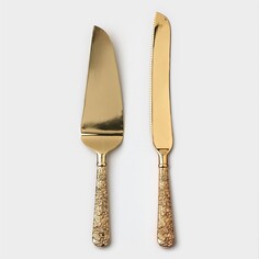 Набор для торта goldy, 2 предмета: нож длина 27 см, лопатка длина 25 см, цвет золотой NO Brand