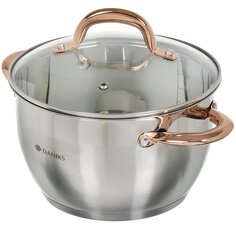 Кастрюля нержавеющая сталь, 3.6 л, с крышкой, крышка стекло, Daniks, Мадрид Gold, SD-320G, индукция