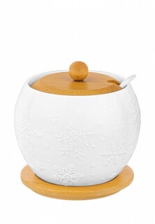 Сахарница Elan Gallery 620 мл 12х12х12 см Снежинки, с ложкой, с деревянной крышкой, на деревянной подставке
