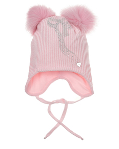 Розовая шапка со стразами и двумя меховыми помпонами Il Trenino детская