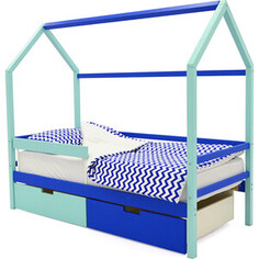 Бельмарко Детская кровать-домик Svogen мятно-синий + ящики 1 мятный, 1синий + бортик ограждение