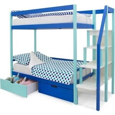 Детская двухярусная кровать Бельмарко Svogen мятно-синий + ящики 1 мятный, 1синий + бортик ограждение