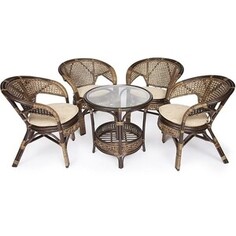 Комплект TetChair Pelangi 02/15 (стол со стеклом + 4 кресла) без подушек, ротанг, walnut (грецкий орех)