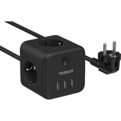 Сетевой фильтр TESSAN TS-301 с кнопкой питания на 3 розетки и 3 USB, Black