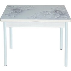 Стол обеденный Катрин Симпл поворотно раскладной, с фотопечатью, бетон белый, цветы на сером, опора круглая муар белый Katrin