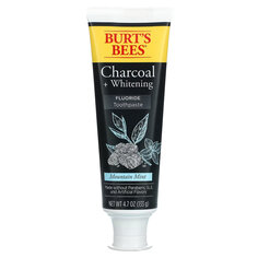 Burt&apos;s Bees, Charcoal + Whitening, зубная паста с фтором, горная мята, 133 г (4,7 унции)
