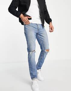 Синие джинсы скинни ASOS DESIGN в винтажном стиле средней потертости с прорезами на коленях