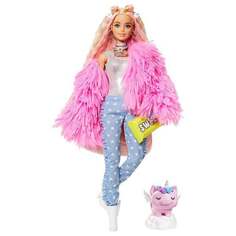 Кукла Barbie Extra Doll In Pink Fluffy Coat w/ Pet Unicorn-Pig