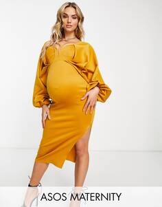 Горчичное облегающее платье миди с вырезом ASOS DESIGN Maternity