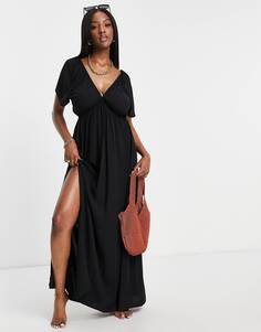 Черное пляжное платье макси с пышной юбкой и рукавами-крылышками ASOS DESIGN