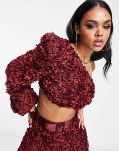 Винный укороченный топ на одно плечо с объемным кружевом ASOS LUXE co-ord