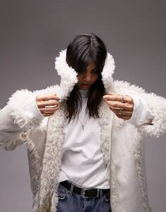 Белое пальто средней длины из искусственной кожи в стиле 70-х Topshop