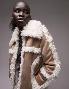 Светло-коричневое пальто средней длины из искусственной кожи в стиле 70-х Topshop Petite