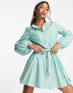 Платье-рубашка мини с узлом спереди Topshop в зелено-белую полоску