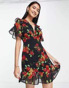 Черное чайное мини-платье с принтом коровьей розы Topshop