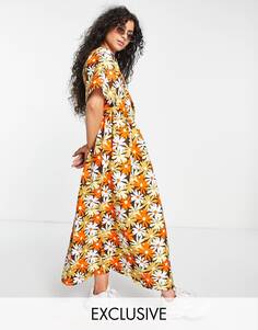 Платье макси из твила с поясом и оранжевым цветочным принтом ASOS COLLUSION