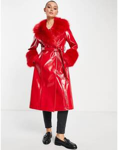 Красное длинное полиуретановое пальто с отделкой из искусственного меха Topshop