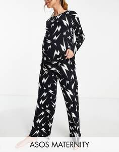 Черный пижамный комплект из вискозного топа и брюк с молнией ASOS DESIGN Maternity Maternity
