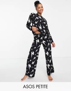 Черный пижамный комплект из вискозного топа и брюк с молнией ASOS DESIGN Petite