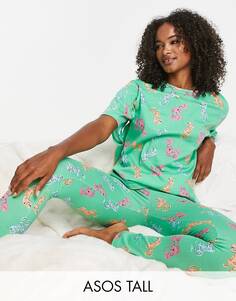 Зеленый пижамный комплект с крупной футболкой и леггинсами ASOS DESIGN Tall с изображением динозавра и лобстера