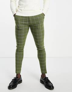 Супероблегающие шерстяные элегантные брюки в клетку зеленого цвета ASOS DESIGN ASOS DESIGN