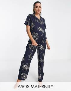 Темно-синий пижамный комплект с рубашкой и брюками из модала ASOS DESIGN Maternity Maternity